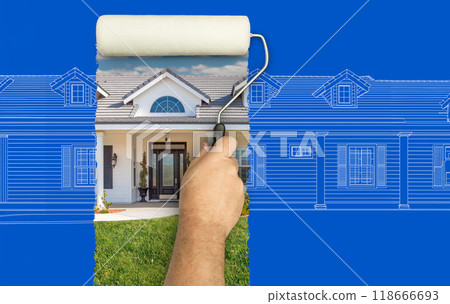 Before and After of Man Painting Roller to Reveal Custom Home Photograph Under Blueprint Sketch Drawing Plans. Before and After of Man Painting Roller to Reveal Custom Home Photograph Under Blueprint Sketch Drawing Plans. 118666693