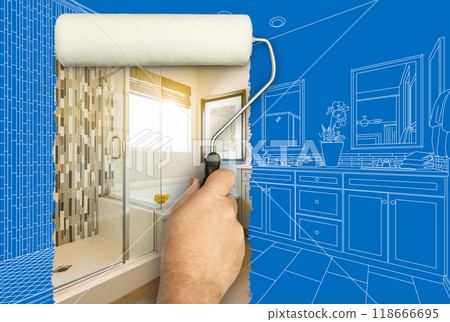 Before and After of Man Painting Roller to Reveal Newly Remodeled Master Bathroom Under Blueprint Drawing Plans. Before and After of Man Painting Roller to Reveal Newly Remodeled Master Bathroom Under Blueprint Drawing Plans. 118666695