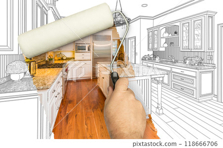 Before and After of Man Painting Roller to Reveal Custom Kitchen Photograph Under Pencil Sketch Drawing Plans. 118666706