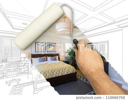 Before and After of Man Painting Roller to Reveal Newly Remodeled Master Bedroom Under Pencil Drawing Plans. Before and After of Man Painting Roller to Reveal Newly Remodeled Master Bedroom Under Pencil Drawing Plans. 118666708