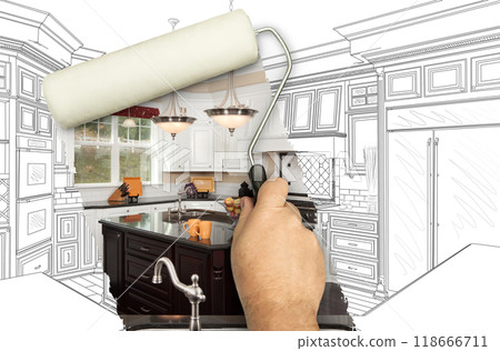 Before and After of Man Painting Roller to Reveal Custom Kitchen Photograph Under Pencil Sketch Drawing Plans. 118666711