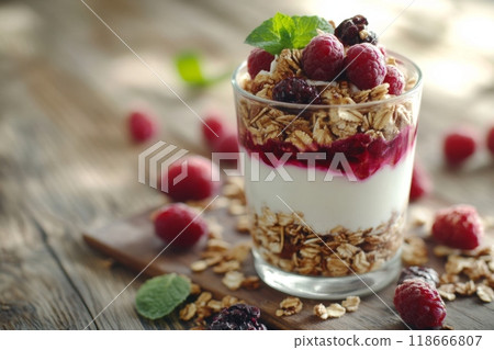 Glass filled with yogurt, granola, and berries is standing on a wooden table 118666807
