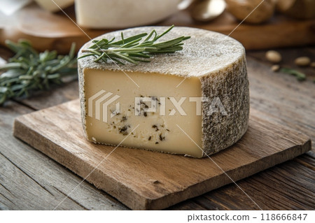 Aged cheese wheel with rosemary resting on a cutting board Aged cheese wheel with rosemary resting on a cutting board 118666847