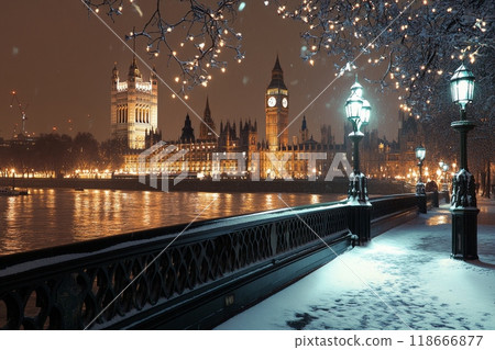 Snow falling on london and houses of parliament at christmas time 118666877