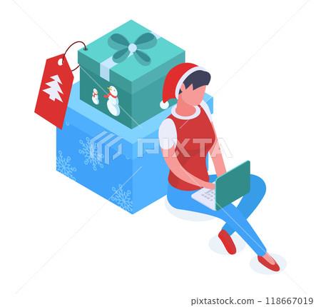 Christmas female character with gift boxes. Isometric girl with xmas gifts, woman sitting nearby big present box 3d vector illustration. Christmas holiday character Christmas female character with gift boxes. Isometric girl with xmas gifts, woman sitting nearby big present box 3d vector illustration. Christmas holiday character 118667019