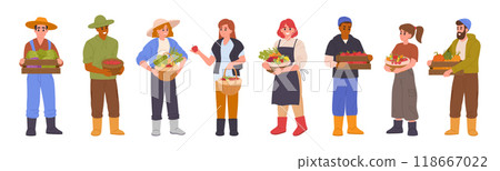 Farmers with harvest. Male and female agricultural characters carrying baskets and boxes with fresh fruits and vegetables flat vector illustration set. Cartoon farm workers with harvesting crop 118667022