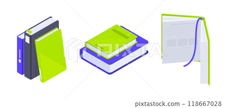 Isometric books. Educational or fantasy literature piles, encyclopedia, school books pile 3d vector illustration set. Open and close textbooks Isometric books. Educational or fantasy literature piles, encyclopedia, school books pile 3d vector illustration set. Open and close textbooks 118667028