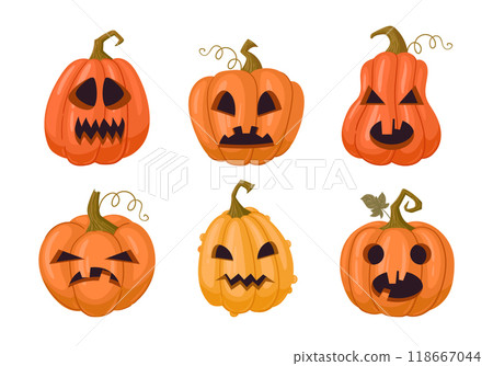 Spooky carved pumpkin faces. Cartoon Halloween pumpkins, holiday pumpkins jack-o-lantern decorations flat vector illustration set. Scary Halloween gourd ghost faces 118667044