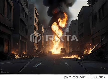 Game background: A disaster-hit battlefield burning in flames 118667047