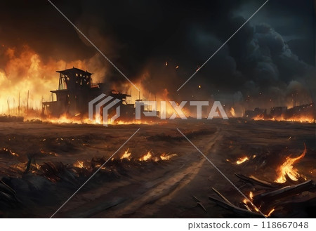 Game background: A disaster-hit battlefield burning in flames 118667048