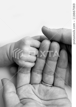 The newborn baby has a firm grip on the parent's finger after birth. Close-up little hand of child and palm of mother and father. Parenting, childcare and healthcare concept. Black and white photo. The newborn baby has a firm grip on the parent's finger after birth. Close-up little hand of child and palm of mother and father. Parenting, childcare and healthcare concept. Black and white photo. 118667069