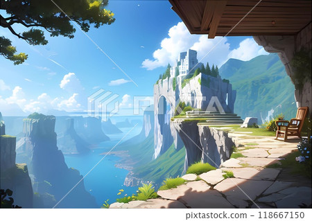 Game background: A panoramic wallpaper of a mountain with a castle and blue skies that look like an adventurer's journey 118667150