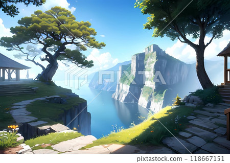 Game background: Panoramic wallpaper of blue sky and mountain scenery as an adventurer sets off on a journey 118667151