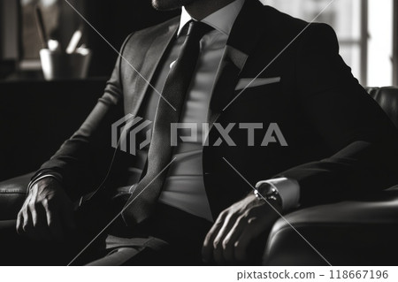 Businessman wearing suit sitting down in office 118667196