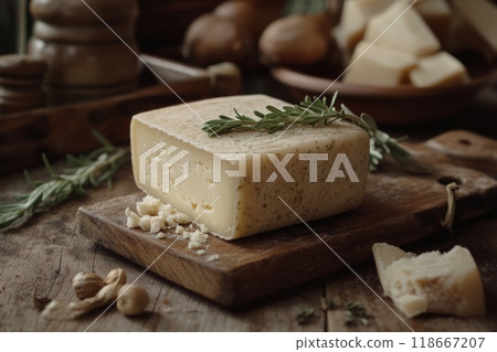 Aromatic piece of hard cheese lying on wooden cutting board 118667207