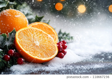 Christmas oranges and berries lying on snow with falling snowflakes and bokeh lights 118667236