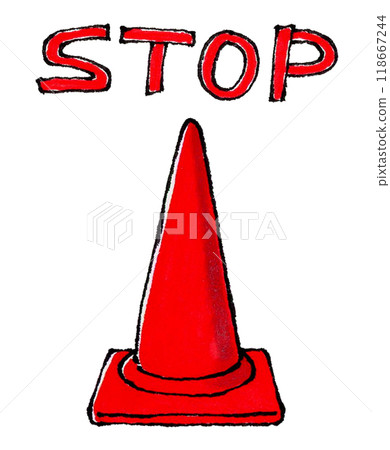 Red cone and the word STOP hand-drawn illustration Red cone and the word STOP hand-drawn illustration 118667244