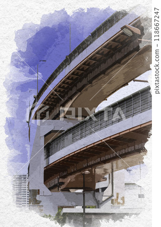 水彩風格神戶阪神高速公路3號神戶線兵庫縣神戶市 118667247