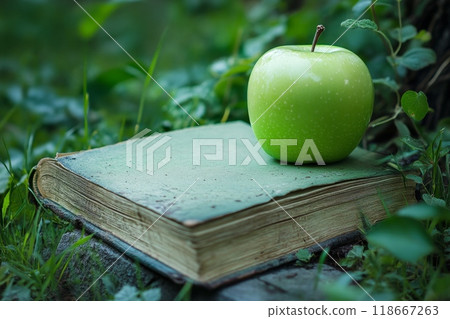 Green apple resting on top of an old book outdoors 118667263