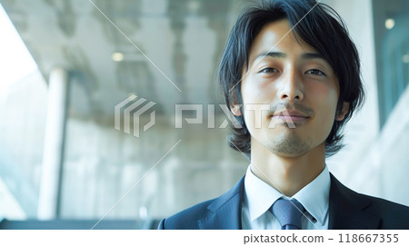 一個穿著西裝、表情自豪的男人的臉部特寫 118667355