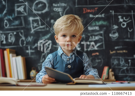 Little pupil reading a book in the classroom 118667413