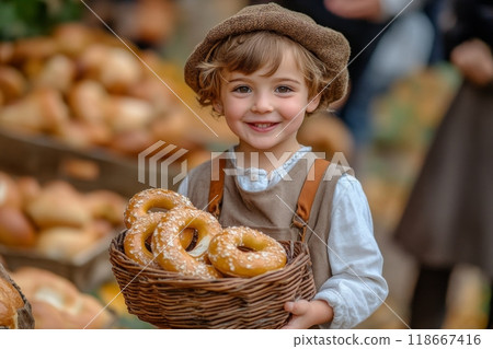 Smiling child holding basket of bread in bakery 118667416