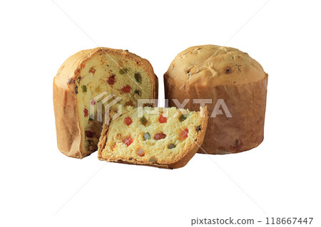 Panettone traditional Italian Christmas dessert made with raisins, candied fruits isolated on white background Panettone traditional Italian Christmas dessert made with raisins, candied fruits isolated on white background 118667447