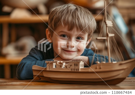 Smiling child posing with wooden toy ship 118667484
