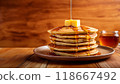 Delicious hotcakes, pancakes, syrup and butter 118667492