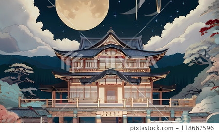 Japanese-style game background: Full moon oriental historical heritage style wooden hotel 118667596