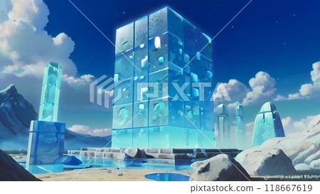 遊戲背景：藍天景觀與未來主義水晶立方體公寓大樓 118667619