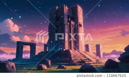 遊戲背景:日落時分,位於深山高地的失落文明的石砌寺廟遺址 遊戲背景:日落時分,位於深山高地的失落文明的石砌寺廟遺址 118667620