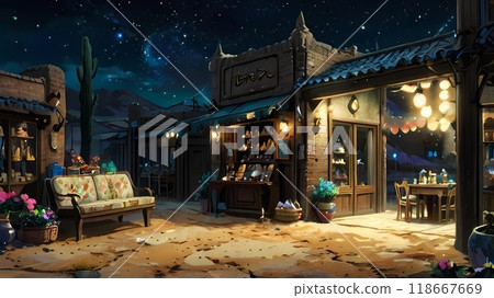 遊戲背景：夜晚沙漠城市雜貨店前的風景 118667669