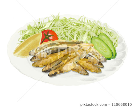 Silver-stripe round herring tempura (with plate and salad) 118668010