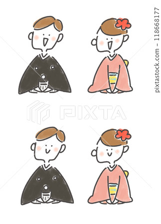 穿著和服、臉部表情設定、鞠躬、坐直的男女互相問候 118668177