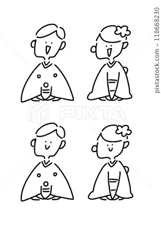Men and women in kimonos greeting each other, set, bow, line drawing Men and women in kimonos greeting each other, set, bow, line drawing 118668230
