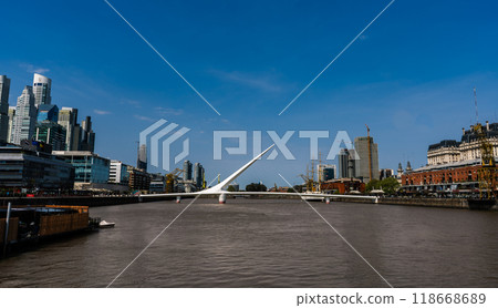 Buenos Aires, Argentina, 09-21-2024. View of the Womens Bridge in Puerto Madero Buenos Aires, Argentina, 09-21-2024. View of the Womens Bridge in Puerto Madero 118668689