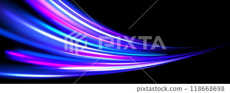Glowing neon light trail background. Bright blue purple speed lines. Magic luminous curved swirl concept. Abstract bent dynamic moving stripes. Bright streaks for poster, banner, flyer. Vector 118668698