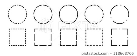 Black dashed frame collection. Dashed outline circle and square border set. Geometric dotted rectangular and round shape pack. Outline cut out element design bundle for poster, banner, flyer. Vector 118668706