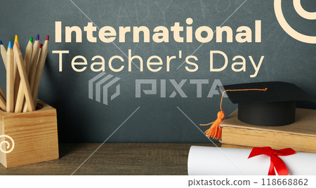 Inscription on a black school board: "Happy Teacher's Day!" Inscription on a black school board: "Happy Teacher's Day!" 118668862
