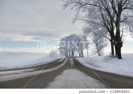 Serene winter landscape with snowy road and frost-covered trees against a cloudy sky 118668881