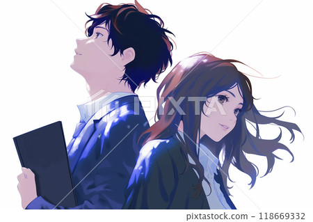 男女學生背靠背仰望天空 118669332