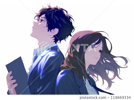 男女學生背靠背仰望天空 118669334