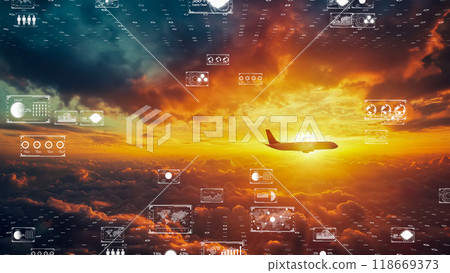 未來商用飛機在雲層之上飛行，數位世界交通影像 118669373
