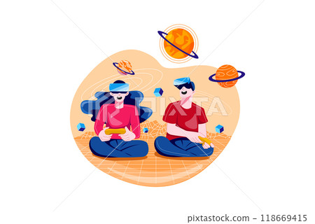 Teenager having fun play VR virtual reality glasses sports game metaverse 118669415