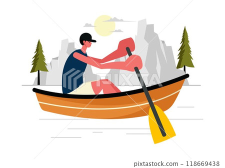 People Enjoying Rowing Vector Illustration with Canoes and Sailing on a River or Lake in Active Water Sports in a Flat Style Cartoon Background 118669438