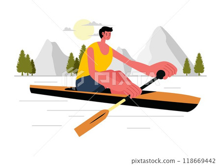 People Enjoying Rowing Vector Illustration with Canoes and Sailing on a River or Lake in Active Water Sports in a Flat Style Cartoon Background 118669442