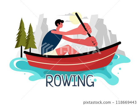 People Enjoying Rowing Vector Illustration with Canoes and Sailing on a River or Lake in Active Water Sports in a Flat Style Cartoon Background 118669443