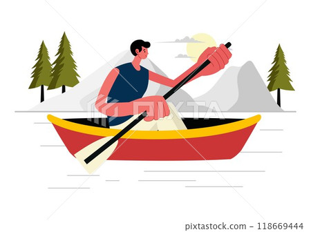 People Enjoying Rowing Vector Illustration with Canoes and Sailing on a River or Lake in Active Water Sports in a Flat Style Cartoon Background 118669444
