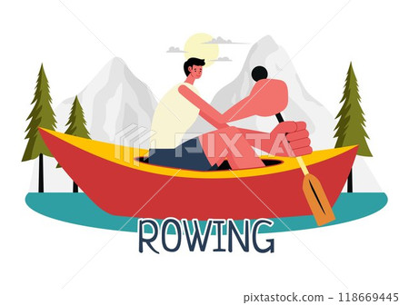 People Enjoying Rowing Vector Illustration with Canoes and Sailing on a River or Lake in Active Water Sports in a Flat Style Cartoon Background 118669445